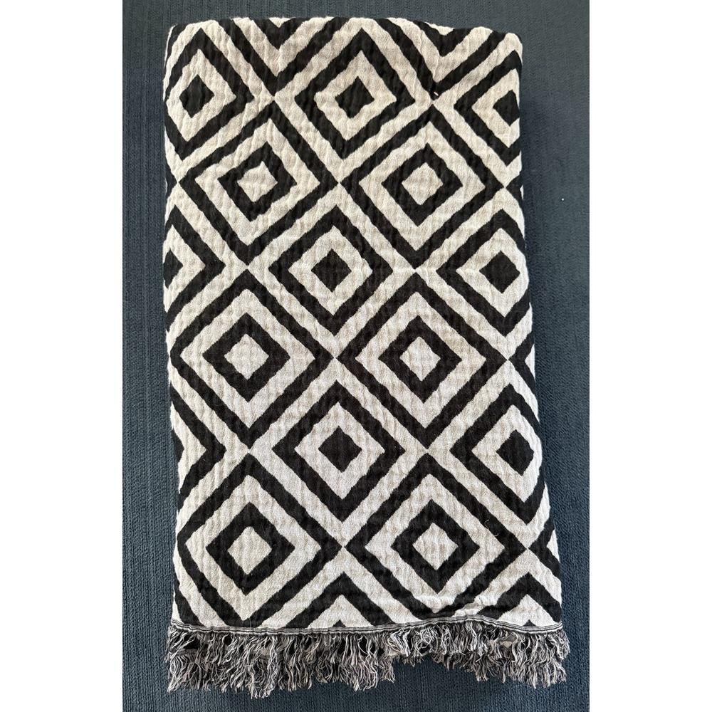 Lululemon Large Scarf Wrap Geometric Diamond Print Black Fringe Wool Cotton Mix